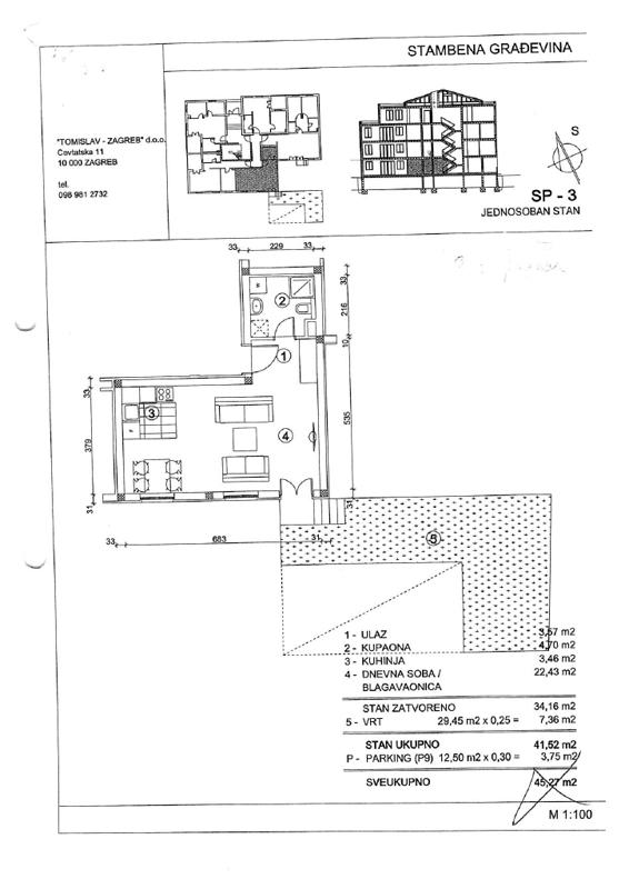 Tlocrt stana S0-3 u zgradi Villa "ALEJ"